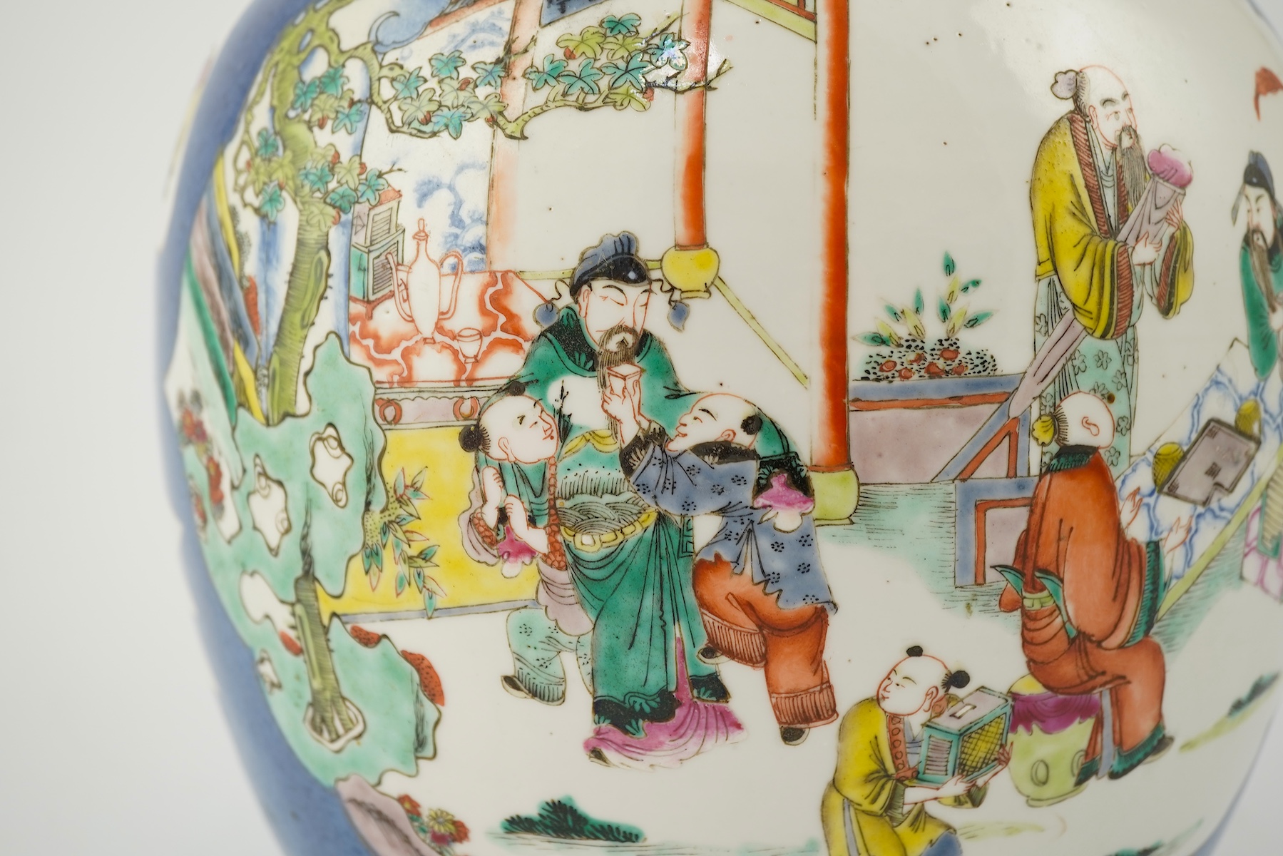 A large Chinese powder blue ground famille rose jar, late 19th century